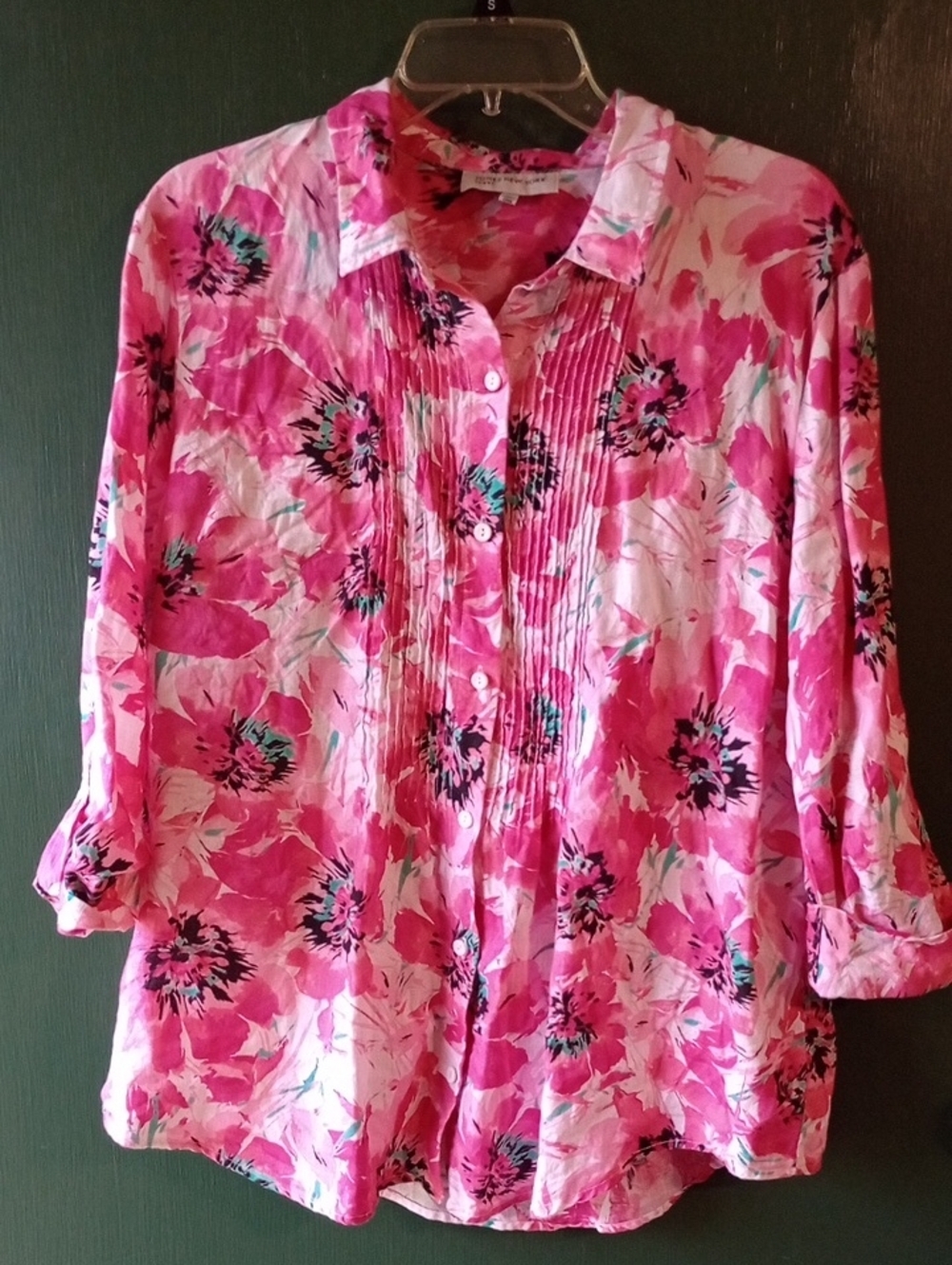Jones New York Pink Floral Pintuck Button-Down 100% Linen Shirt
